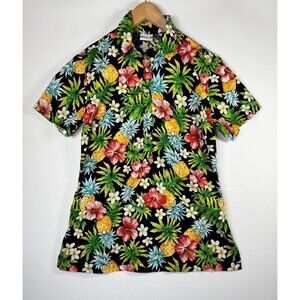 Go Barefoot Hawaiian Shirt Womens Small Black Pineapple Hibiscus Floral Aloha